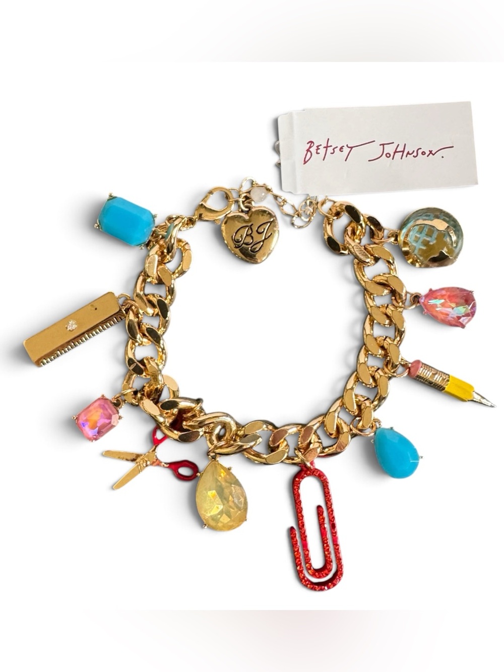 NWT Betsey Johnson School Charms Drama Gold Tone Charm Bracelet Rhinestone Gift